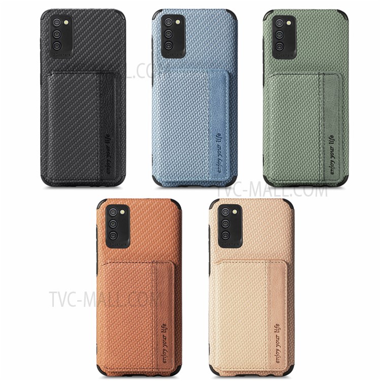 Phone Case Carbon Fiber Texture Anti-Drop Card Holder Design PU Leather and TPU Cover with Kickstand for Samsung Galaxy A02s (164.2x75.9x9.1mm) / A03s (164.2 x 75.9 x 9.1mm) - Black-8