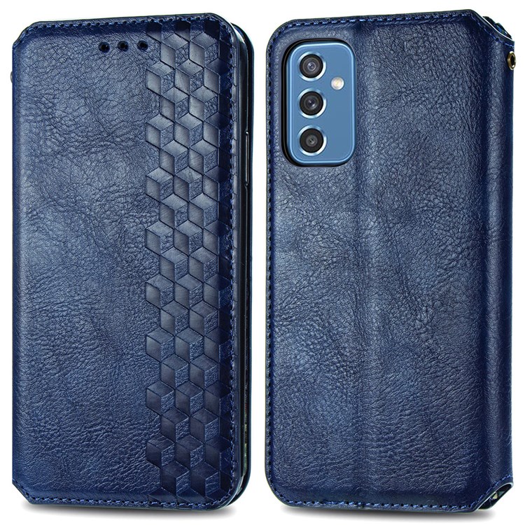 Stylish Rhombus Imprinted Magnet Auto Closing PU Leather + TPU Cover Stand Wallet Phone Case for Samsung Galaxy M52 5G - Blue-1