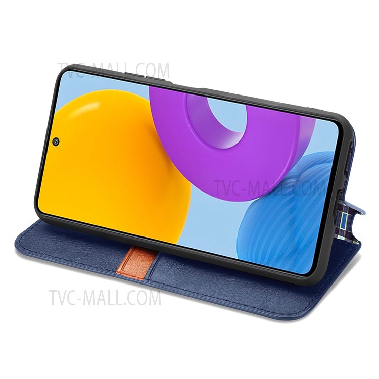 Stylish Rhombus Imprinted Magnet Auto Closing PU Leather + TPU Cover Stand Wallet Phone Case for Samsung Galaxy M52 5G - Blue-3