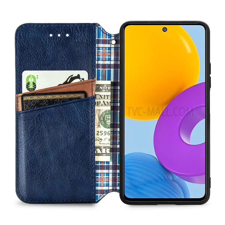 Stylish Rhombus Imprinted Magnet Auto Closing PU Leather + TPU Cover Stand Wallet Phone Case for Samsung Galaxy M52 5G - Blue-4