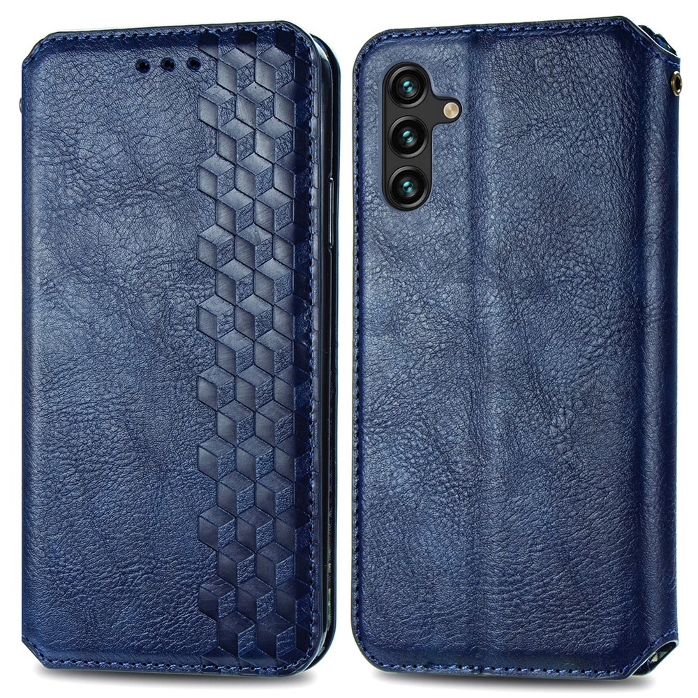 Imprinting Rhombus Magnet Auto-absorbed Leather Stand Cover Wallet Case for Samsung Galaxy A13 5G - Blue-1