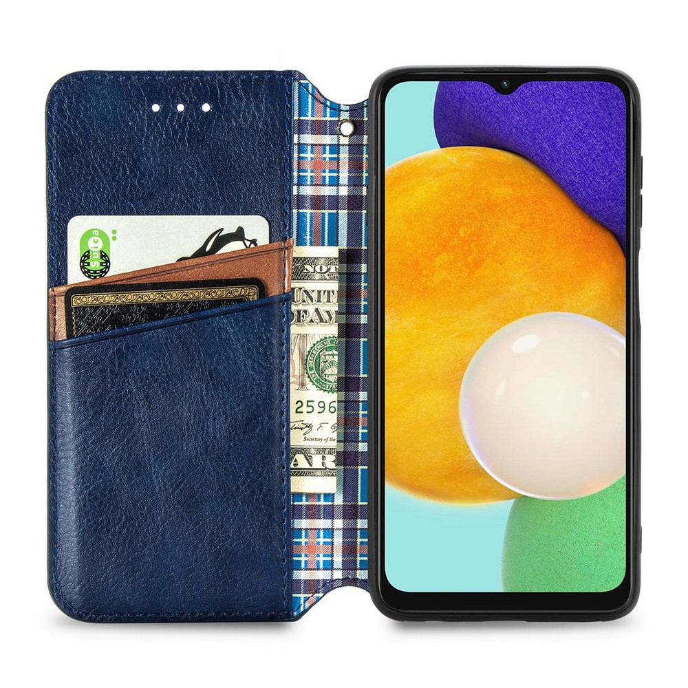 Imprinting Rhombus Magnet Auto-absorbed Leather Stand Cover Wallet Case for Samsung Galaxy A13 5G - Blue-4