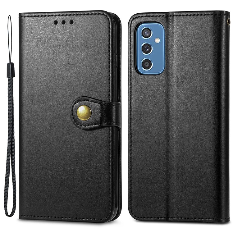 PU Leather Wallet Flip Phone Case Magnetic Round Buckle Stand Shockproof Cover with Strap for Samsung Galaxy M52 5G - Black-1