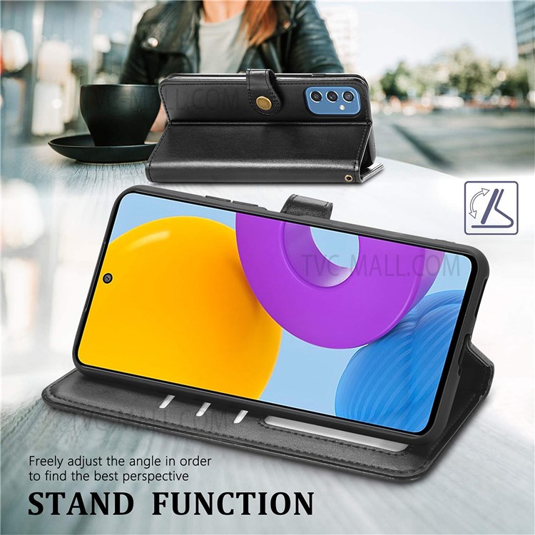 PU Leather Wallet Flip Phone Case Magnetic Round Buckle Stand Shockproof Cover with Strap for Samsung Galaxy M52 5G - Black-2