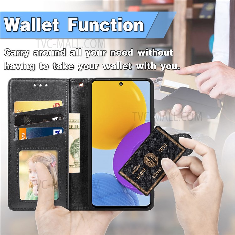PU Leather Wallet Flip Phone Case Magnetic Round Buckle Stand Shockproof Cover with Strap for Samsung Galaxy M52 5G - Black-4