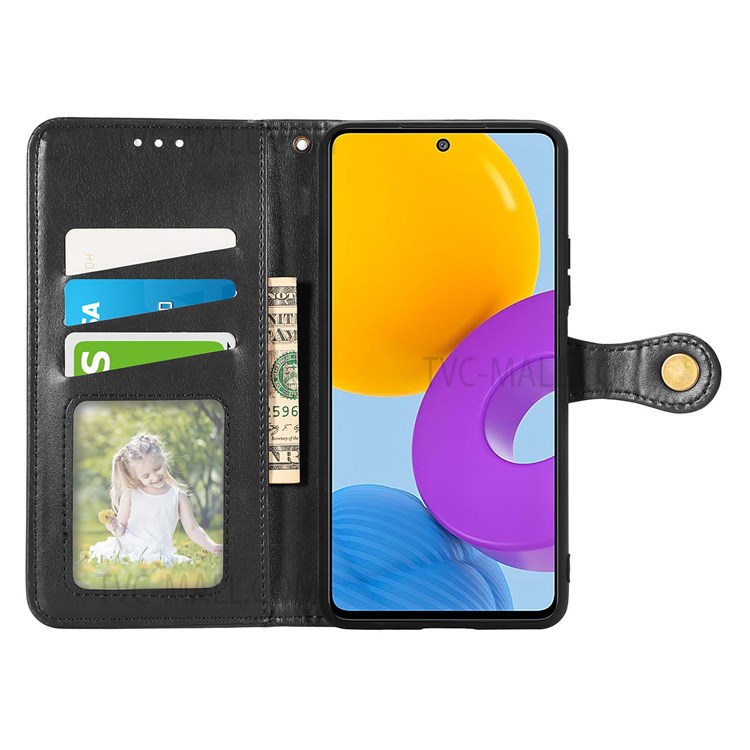 PU Leather Wallet Flip Phone Case Magnetic Round Buckle Stand Shockproof Cover with Strap for Samsung Galaxy M52 5G - Black-8
