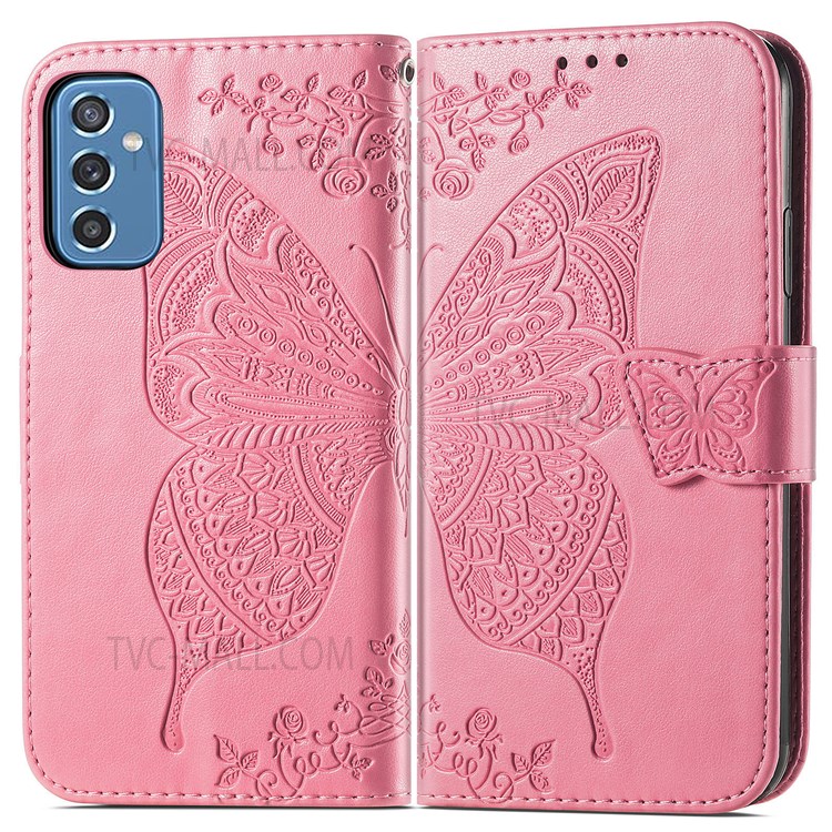 Wallet Function Butterfly Flower Imprinted PU Leather Case All-Around Protection Stand Flip Cover with Strap for Samsung Galaxy M52 5G - Pink-1