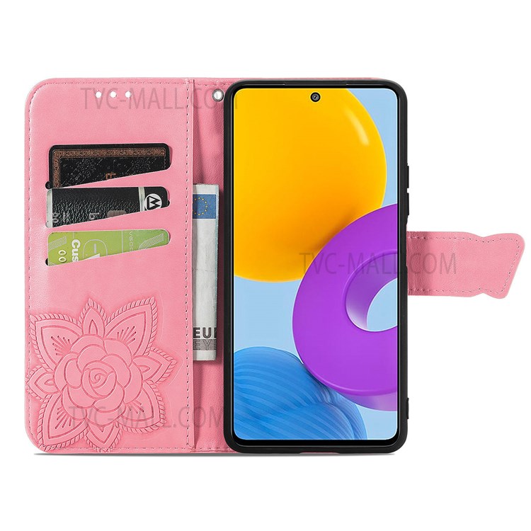 Wallet Function Butterfly Flower Imprinted PU Leather Case All-Around Protection Stand Flip Cover with Strap for Samsung Galaxy M52 5G - Pink-3