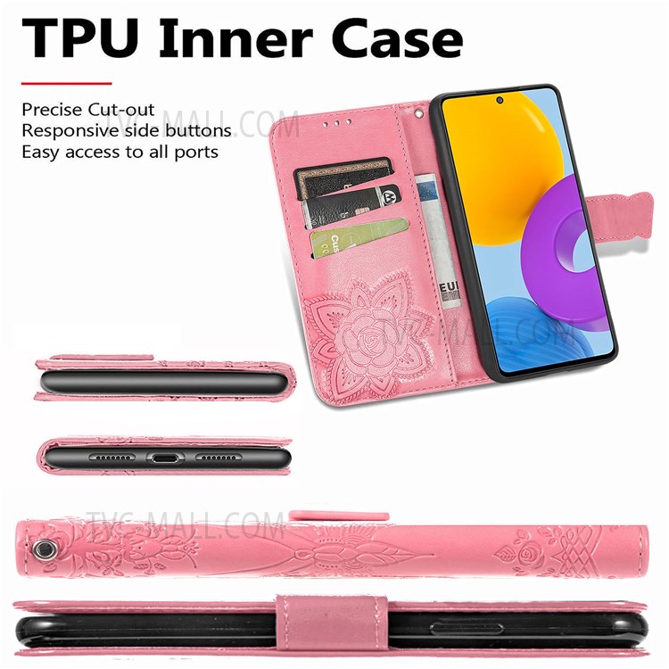 Wallet Function Butterfly Flower Imprinted PU Leather Case All-Around Protection Stand Flip Cover with Strap for Samsung Galaxy M52 5G - Pink-4