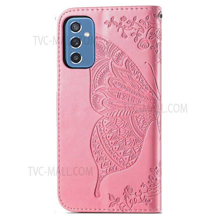 Wallet Function Butterfly Flower Imprinted PU Leather Case All-Around Protection Stand Flip Cover with Strap for Samsung Galaxy M52 5G - Pink-9