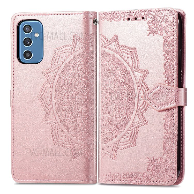 PU Leather Mandala Embossed Shockproof Cover Full Body Protection Flip Stand Wallet Phone Case with Strap for Samsung Galaxy M52 5G - Rose Gold-1
