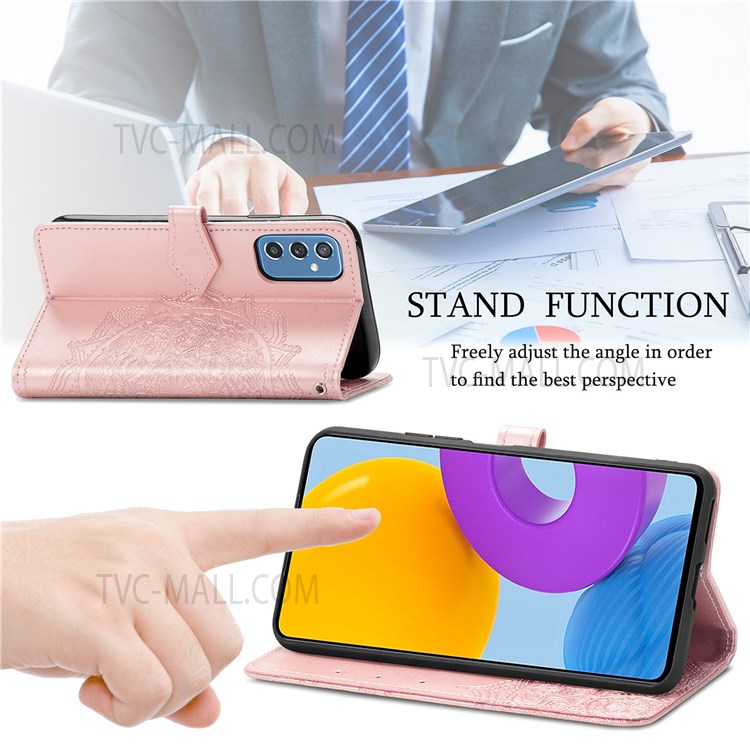 PU Leather Mandala Embossed Shockproof Cover Full Body Protection Flip Stand Wallet Phone Case with Strap for Samsung Galaxy M52 5G - Rose Gold-2