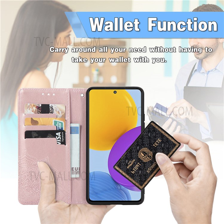 PU Leather Mandala Embossed Shockproof Cover Full Body Protection Flip Stand Wallet Phone Case with Strap for Samsung Galaxy M52 5G - Rose Gold-3