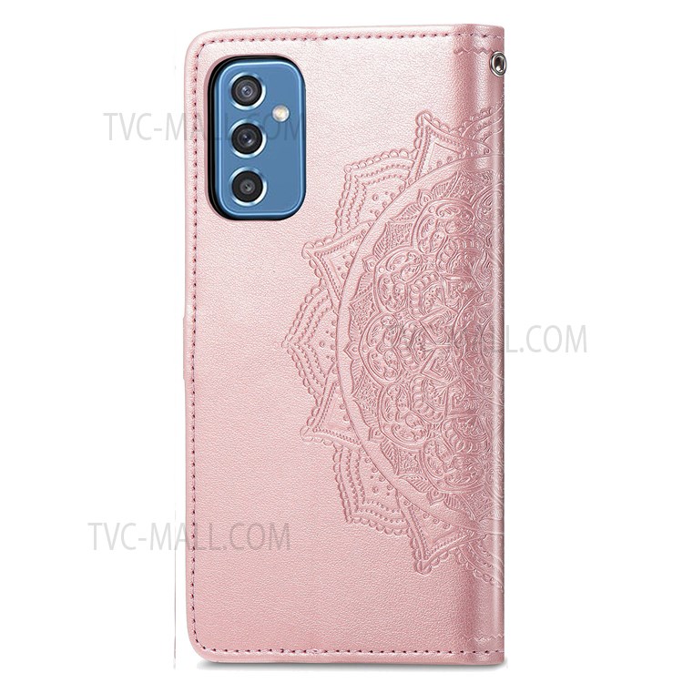 PU Leather Mandala Embossed Shockproof Cover Full Body Protection Flip Stand Wallet Phone Case with Strap for Samsung Galaxy M52 5G - Rose Gold-6