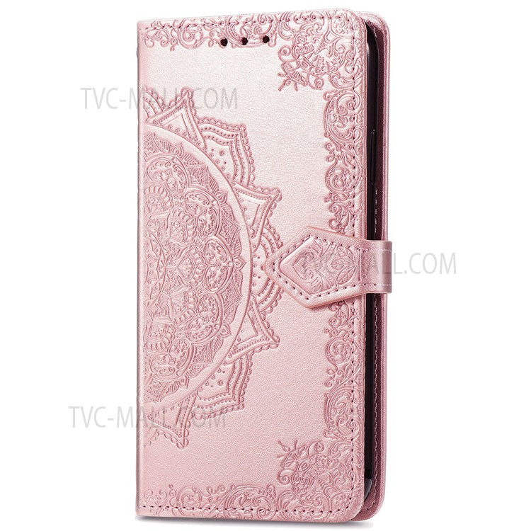 PU Leather Mandala Embossed Shockproof Cover Full Body Protection Flip Stand Wallet Phone Case with Strap for Samsung Galaxy M52 5G - Rose Gold-7