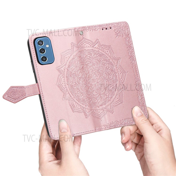 PU Leather Mandala Embossed Shockproof Cover Full Body Protection Flip Stand Wallet Phone Case with Strap for Samsung Galaxy M52 5G - Rose Gold-8