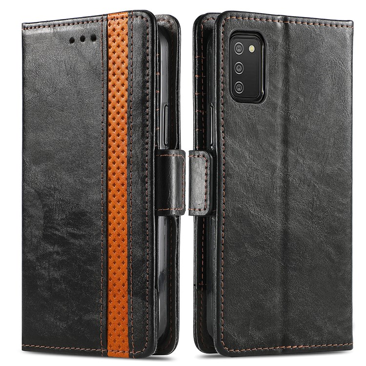 CASENEO 002 Series Splicing PU Leather Phone Cover Magnetic Closure Phone Case Stand Wallet for Samsung Galaxy A03s (166.5 x 75.98 x 9.14mm) / Galaxy A02s (166.5x75.9x9.2mm) - Black-1