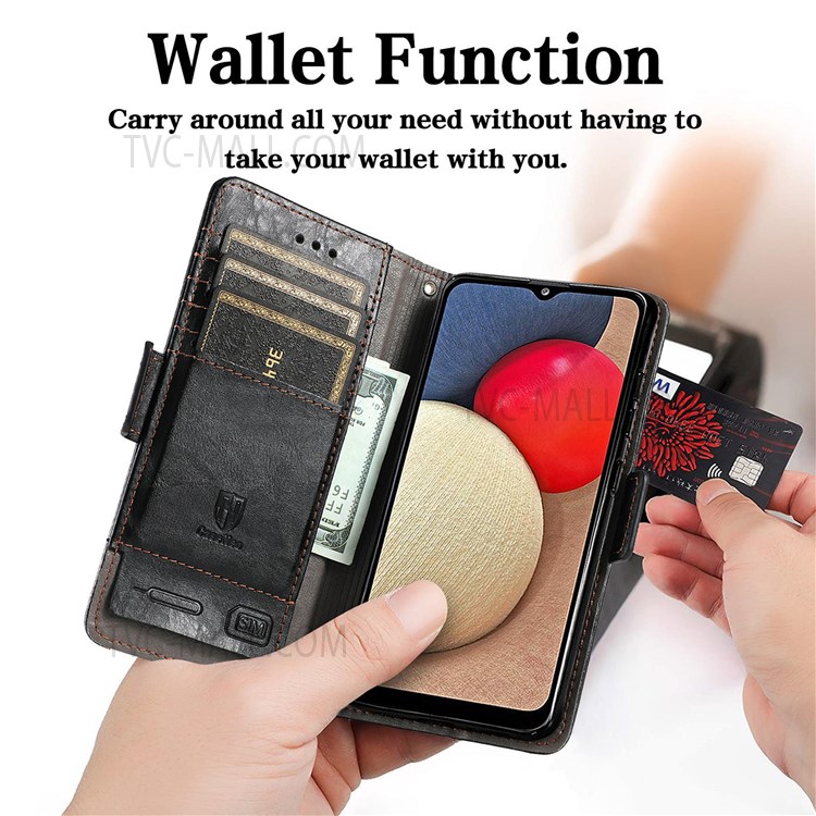 CASENEO 002 Series Splicing PU Leather Phone Cover Magnetic Closure Phone Case Stand Wallet for Samsung Galaxy A03s (166.5 x 75.98 x 9.14mm) / Galaxy A02s (166.5x75.9x9.2mm) - Black-3