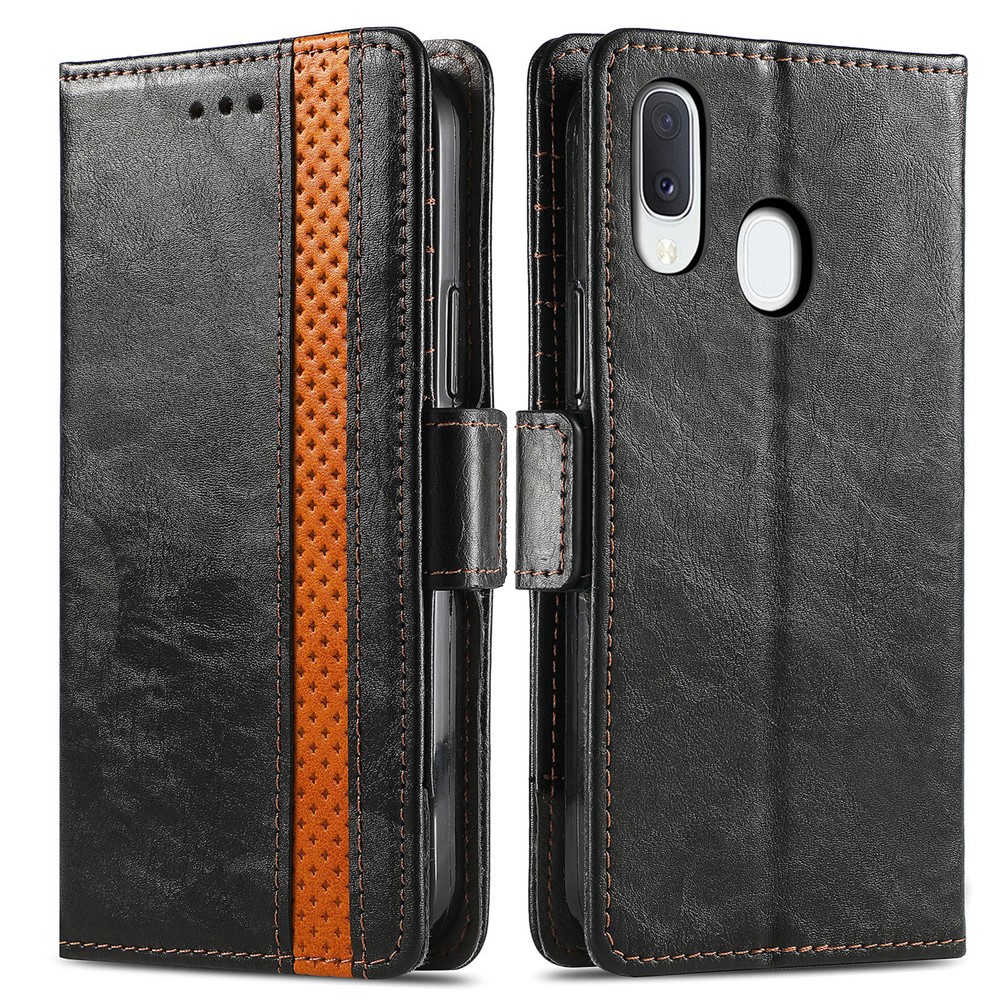 CASENEO 002 Series Magnetic Closure Splicing PU Leather Phone Cover Phone Case Stand Wallet for Samsung Galaxy A20e - Black-1