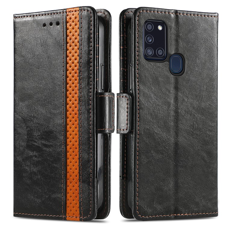 CASENEO 002 Series Business Style Splicing PU Leather Phone Flip Cover Magnetic Closure Phone Case Stand Wallet for Samsung Galaxy A21s - Black-1