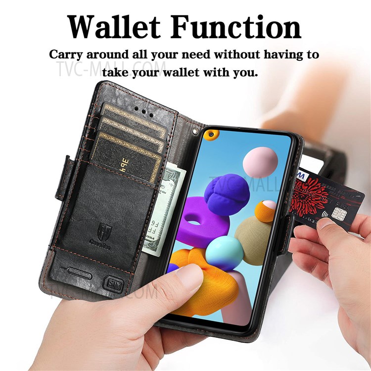 CASENEO 002 Series Business Style Splicing PU Leather Phone Flip Cover Magnetic Closure Phone Case Stand Wallet for Samsung Galaxy A21s - Black-3