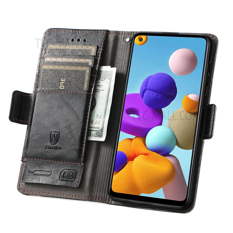 CASENEO 002 Series Business Style Splicing PU Leather Phone Flip Cover Magnetic Closure Phone Case Stand Wallet for Samsung Galaxy A21s - Black-9