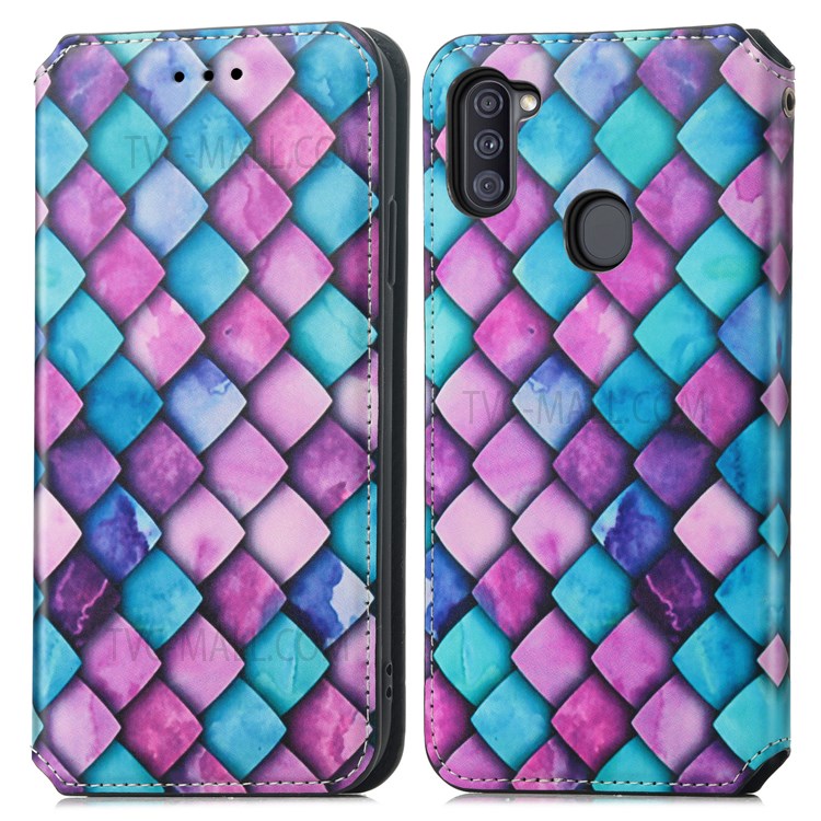 CASENEO 001 Series Anti-fall Pattern Printing Phone Case Automatic Closing Wallet RFID Blocking Function Leather Phone Stand Cover for Samsung Galaxy A11 (EU Version)/M11 - Purple Scale-1