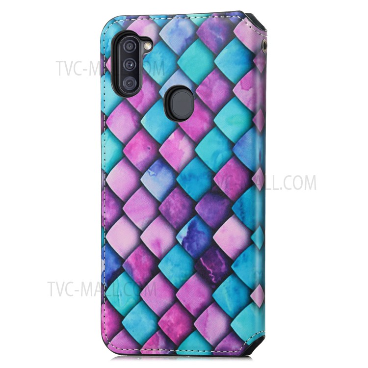 CASENEO 001 Series Anti-fall Pattern Printing Phone Case Automatic Closing Wallet RFID Blocking Function Leather Phone Stand Cover for Samsung Galaxy A11 (EU Version)/M11 - Purple Scale-12