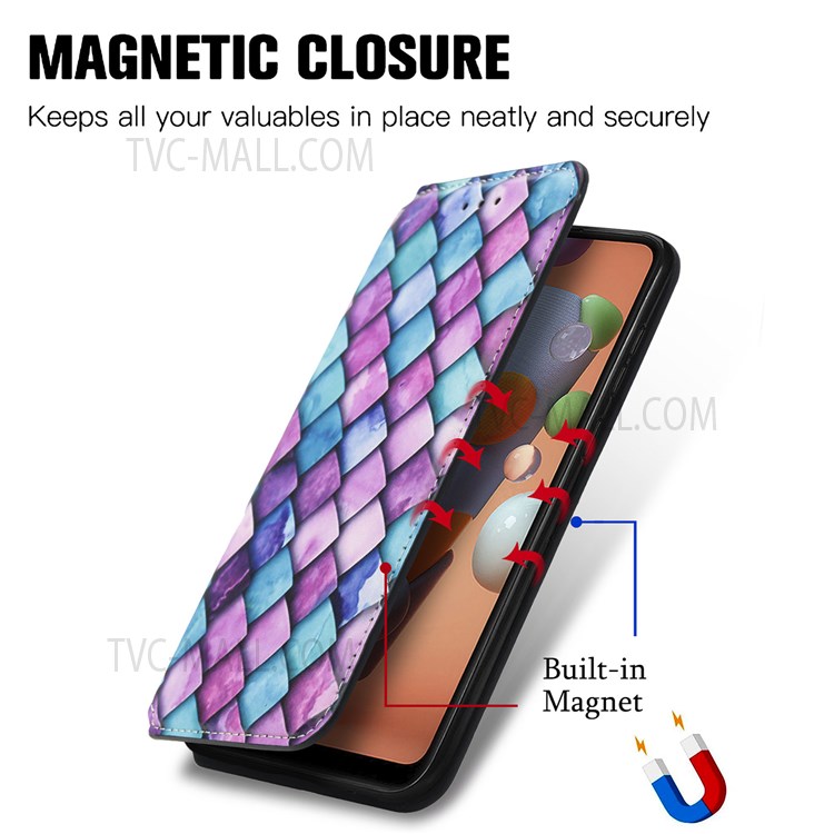 CASENEO 001 Series Anti-fall Pattern Printing Phone Case Automatic Closing Wallet RFID Blocking Function Leather Phone Stand Cover for Samsung Galaxy A11 (EU Version)/M11 - Purple Scale-2