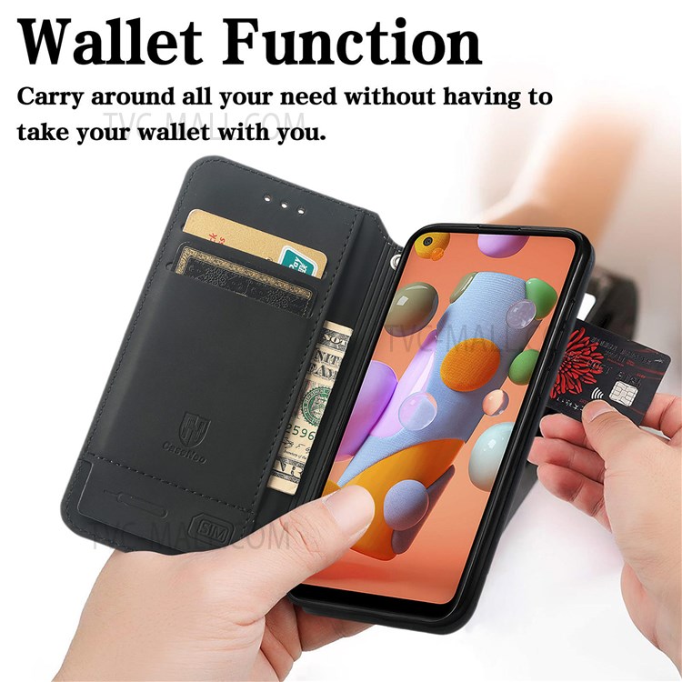 CASENEO 001 Series Anti-fall Pattern Printing Phone Case Automatic Closing Wallet RFID Blocking Function Leather Phone Stand Cover for Samsung Galaxy A11 (EU Version)/M11 - Purple Scale-7