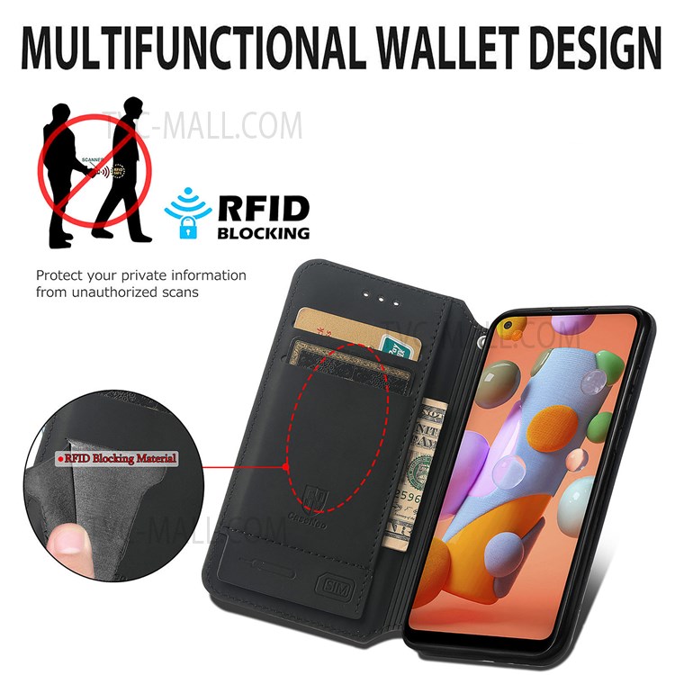 CASENEO 001 Series Anti-fall Pattern Printing Phone Case Automatic Closing Wallet RFID Blocking Function Leather Phone Stand Cover for Samsung Galaxy A11 (EU Version)/M11 - Purple Scale-8