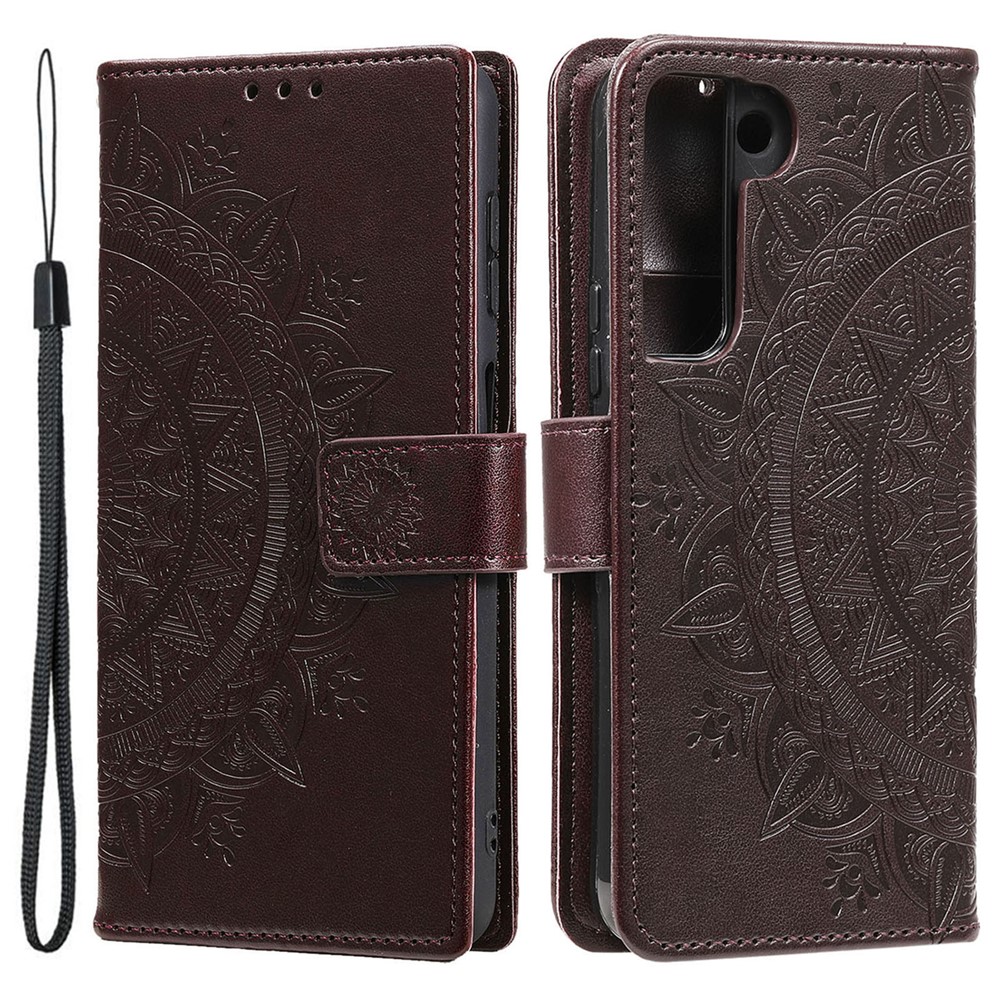 Imprinting Mandala Flower Pattern Folio Flip Leather Wallet Stand Case for Samsung Galaxy S22 - Brown-1