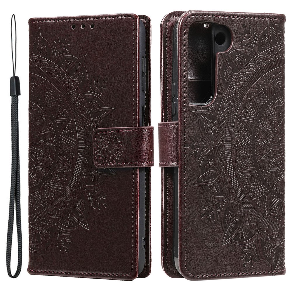 Para Samsung Galaxy S22 5G Imprimindo Mandala Flower Padrive Folio Flip Phone Phoi Leather Wallet Stand Case - Castanho