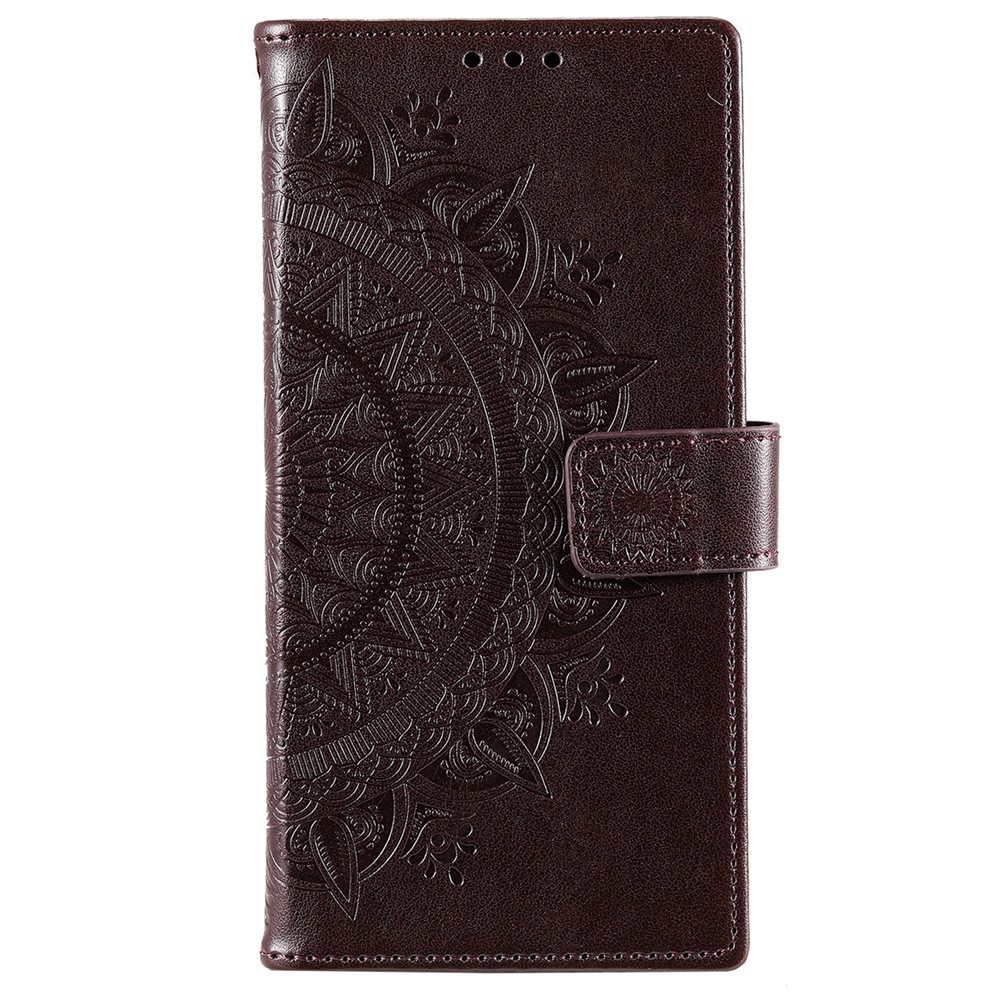 Imprinting Mandala Flower Pattern Folio Flip Leather Wallet Stand Case for Samsung Galaxy S22 - Brown-2
