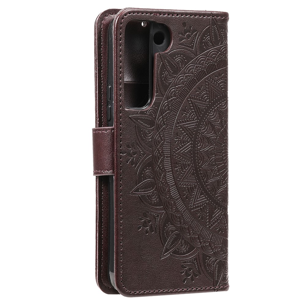 Imprinting Mandala Flower Pattern Folio Flip Leather Wallet Stand Case for Samsung Galaxy S22 - Brown-4