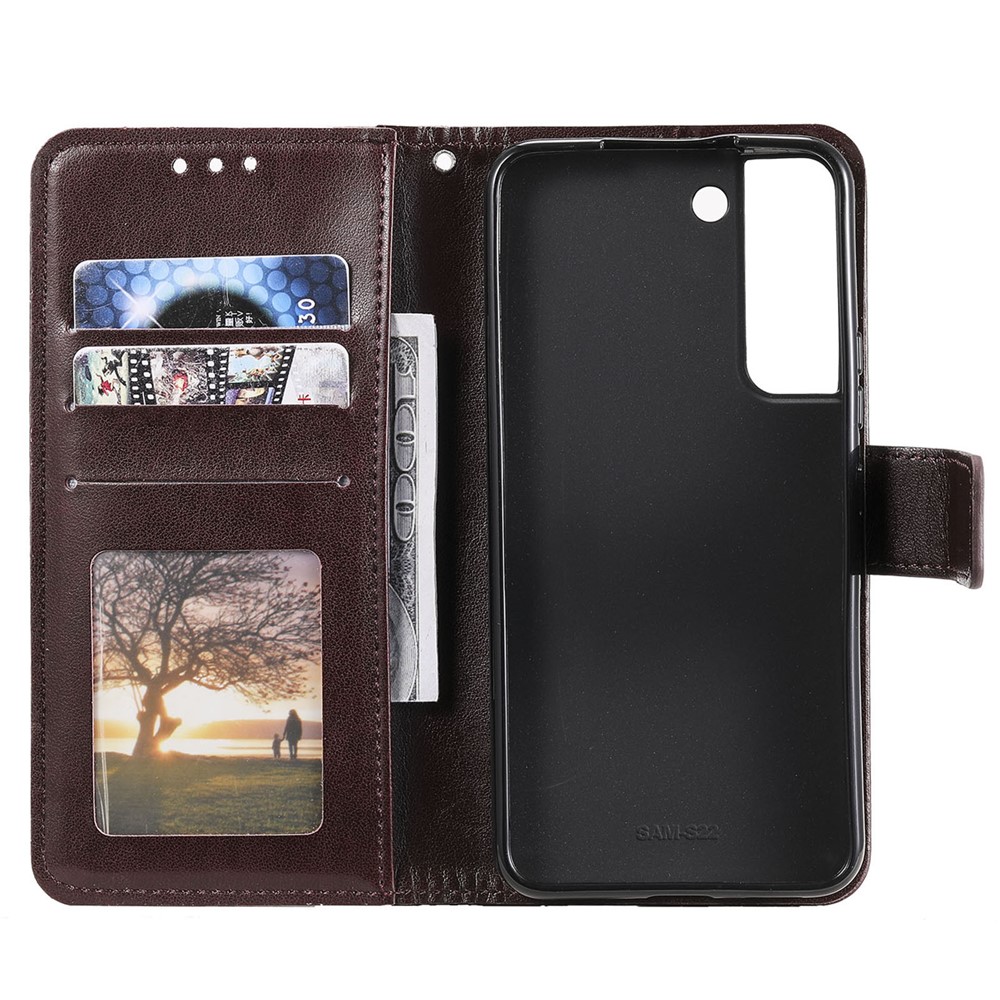 Imprinting Mandala Flower Pattern Folio Flip Leather Wallet Stand Case for Samsung Galaxy S22 - Brown-6