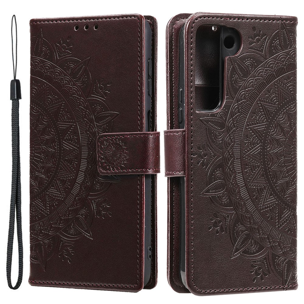 Imprinting Mandala Flower PU Leather + TPU Shockproof Phone Case with Wallet Stand for Samsung Galaxy S22 Plus - Brown-1
