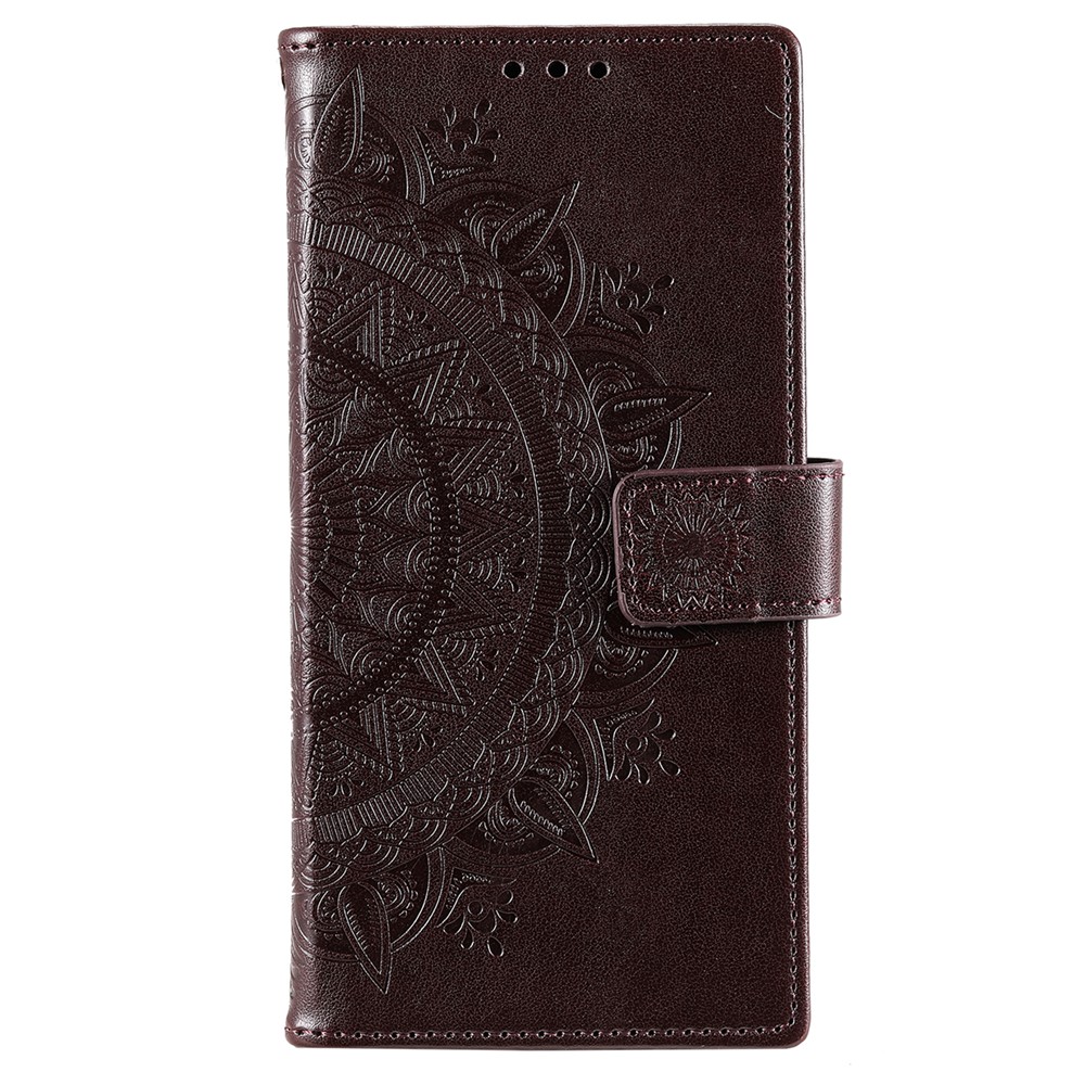 Imprinting Mandala Flower PU Leather + TPU Shockproof Phone Case with Wallet Stand for Samsung Galaxy S22 Plus - Brown-2