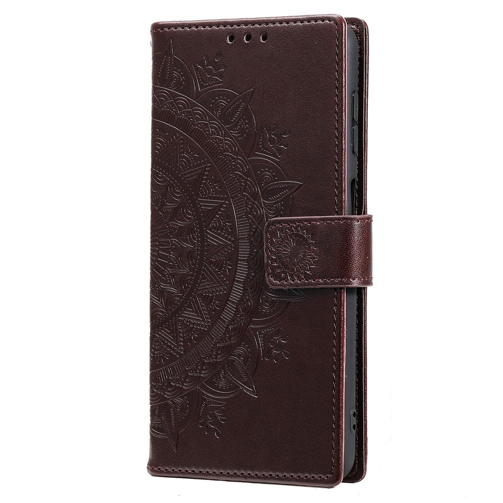 Imprinting Mandala Flower PU Leather + TPU Shockproof Phone Case with Wallet Stand for Samsung Galaxy S22 Plus - Brown-3