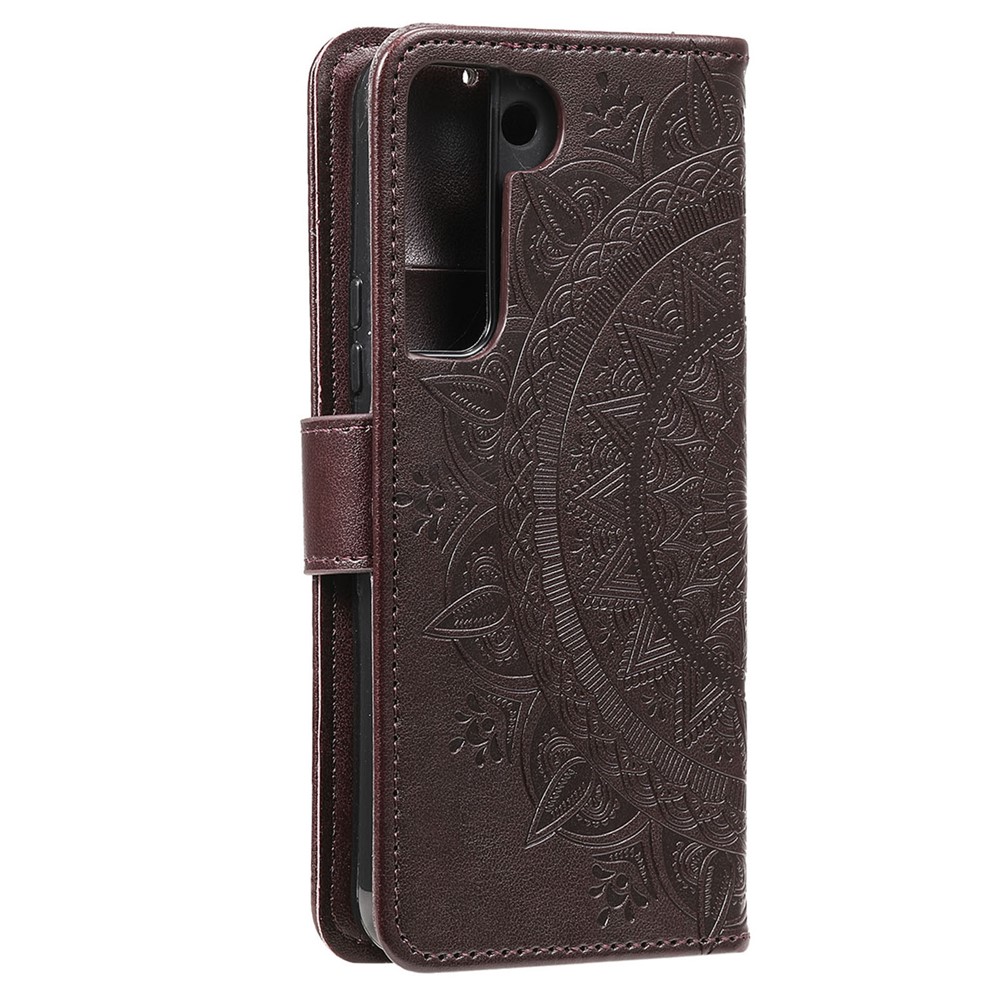 Imprinting Mandala Flower PU Leather + TPU Shockproof Phone Case with Wallet Stand for Samsung Galaxy S22 Plus - Brown-4