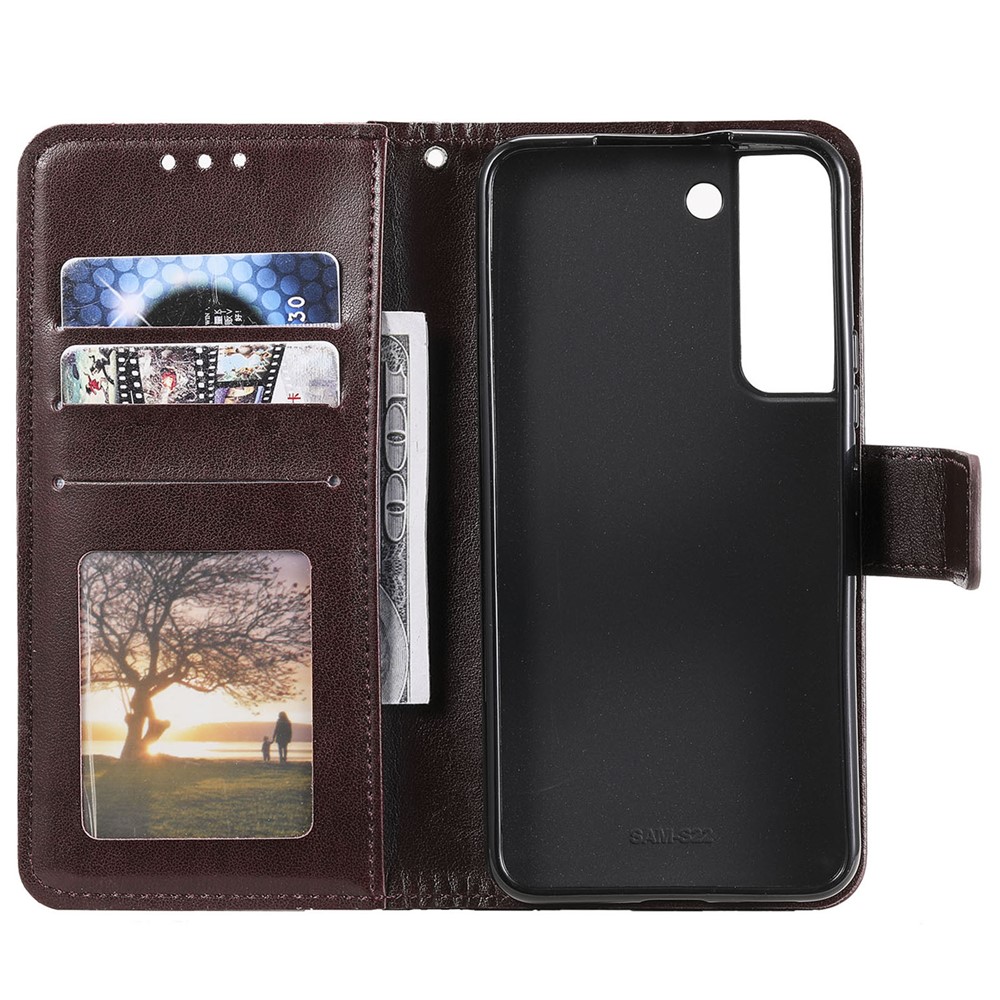 Imprinting Mandala Flower PU Leather + TPU Shockproof Phone Case with Wallet Stand for Samsung Galaxy S22 Plus - Brown-5