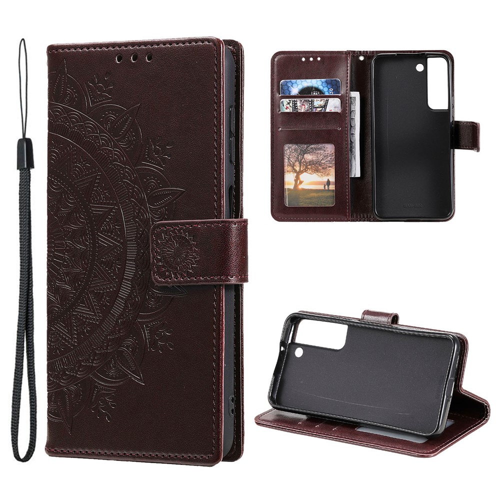 Imprinting Mandala Flower PU Leather + TPU Shockproof Phone Case with Wallet Stand for Samsung Galaxy S22 Plus - Brown-7