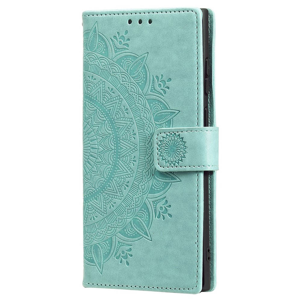 Magnetic Clasp Imprinting Mandala Flower Leather Shell Phone Wallet Stand Case with Strap for Samsung Galaxy S22 Ultra - Green-2