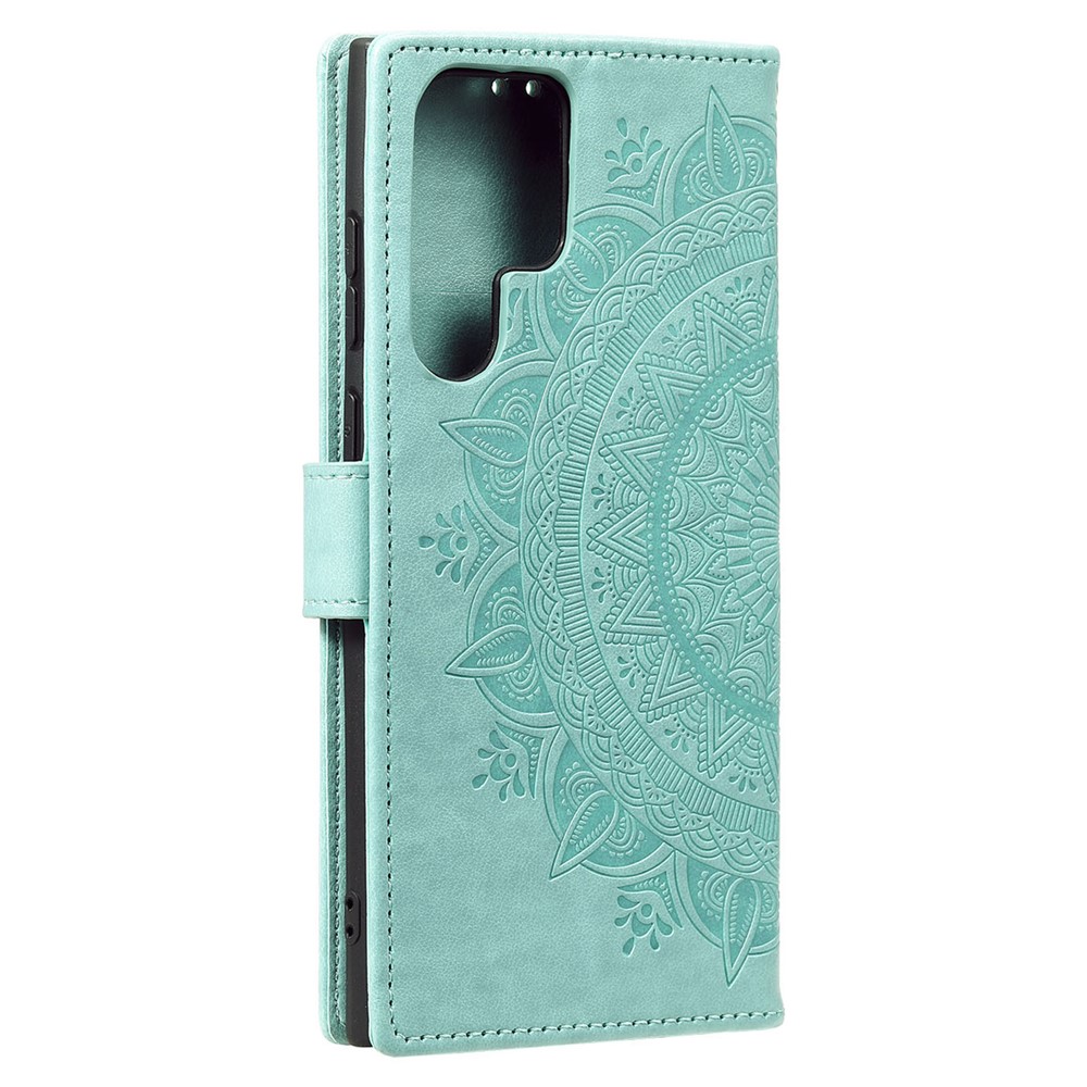 Magnetic Clasp Imprinting Mandala Flower Leather Shell Phone Wallet Stand Case with Strap for Samsung Galaxy S22 Ultra - Green-3