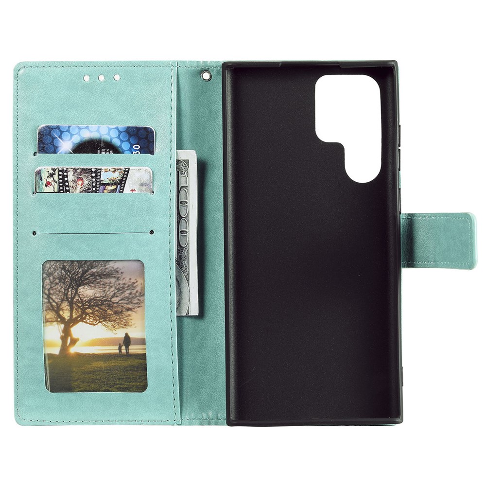 Magnetic Clasp Imprinting Mandala Flower Leather Shell Phone Wallet Stand Case with Strap for Samsung Galaxy S22 Ultra - Green-5