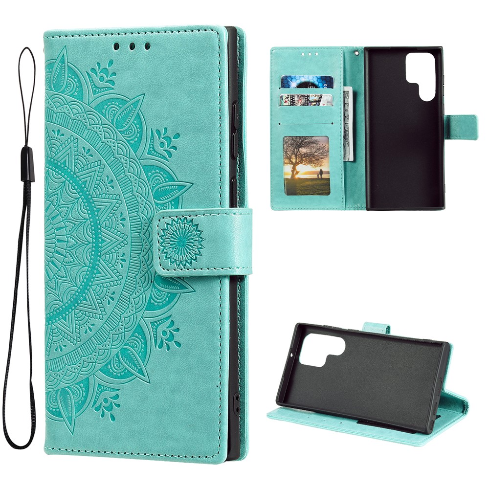 Magnetic Clasp Imprinting Mandala Flower Leather Shell Phone Wallet Stand Case with Strap for Samsung Galaxy S22 Ultra - Green-6