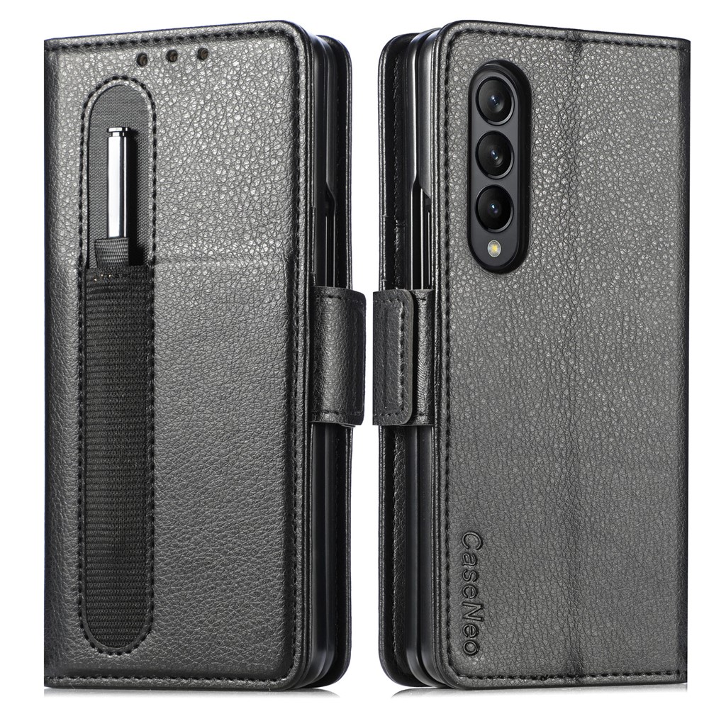 CASENEO Hard PC and PU Leather Phone Flip Cover Pen Slot Magnetic Phone Case Stand Wallet for Samsung Galaxy Z Fold3 5G - Black-1