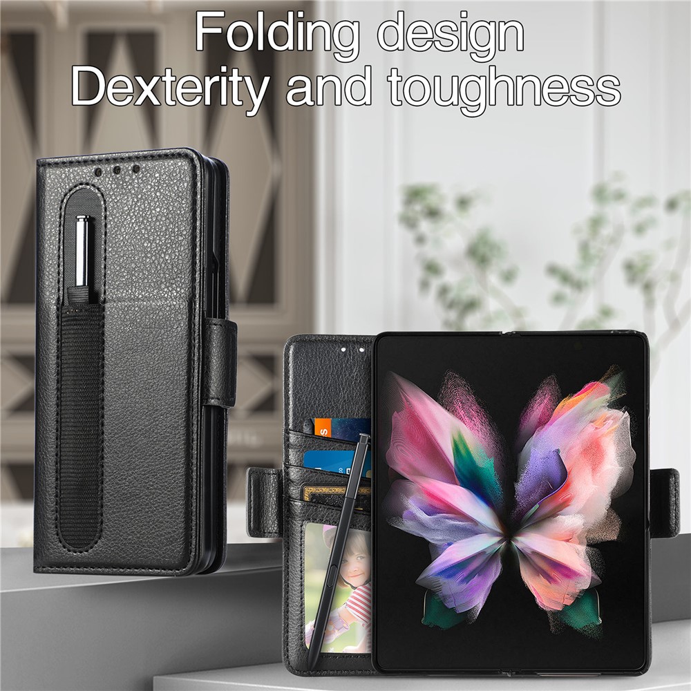 CASENEO Hard PC and PU Leather Phone Flip Cover Pen Slot Magnetic Phone Case Stand Wallet for Samsung Galaxy Z Fold3 5G - Black-11