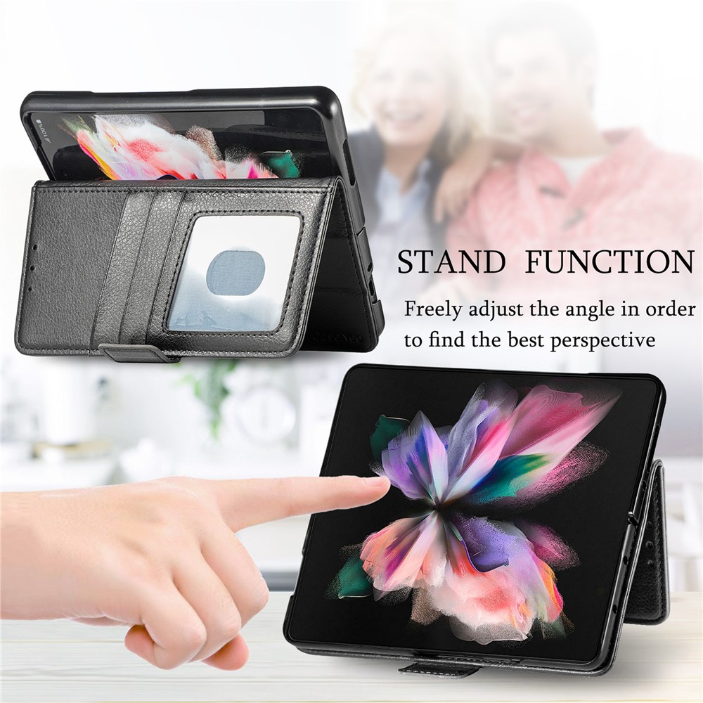 CASENEO Hard PC and PU Leather Phone Flip Cover Pen Slot Magnetic Phone Case Stand Wallet for Samsung Galaxy Z Fold3 5G - Black-2
