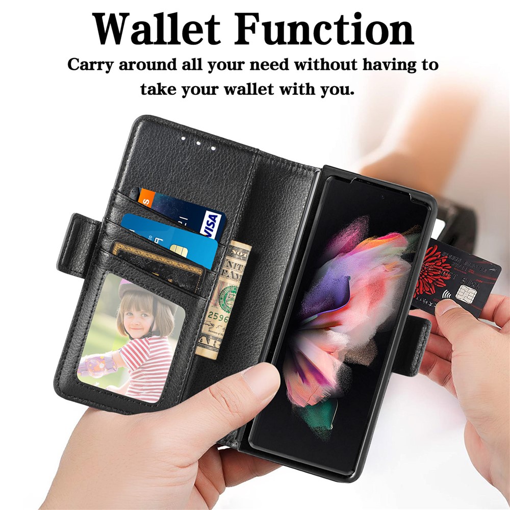 CASENEO Hard PC and PU Leather Phone Flip Cover Pen Slot Magnetic Phone Case Stand Wallet for Samsung Galaxy Z Fold3 5G - Black-3